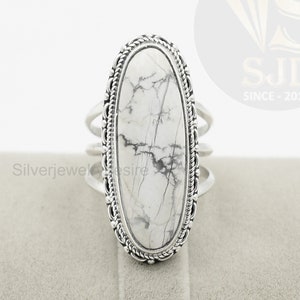 Anello in argento sterling con howlite: anello lungo ovale Boho