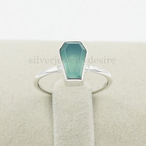 AAA Rated Aqua Chalcedony Ring, 925 Sterling Silver, Aqua Chalcedony 7x10 mm Coffin Gemstone Ring, Tiny Ring, Chalcedony Ring, Womens Ring