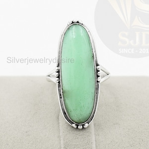 Chrysoprase Sterling Silver Ring: Long Oval Boho Design