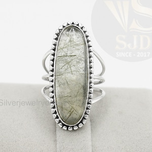 Genuine Green Rutilated Quartz Ring, 925 Sterling Silver, Quartz 10x30mm Long Oval Gemstone Ring, Boho Ring, Rutile Quartz Ring, Womens Ring