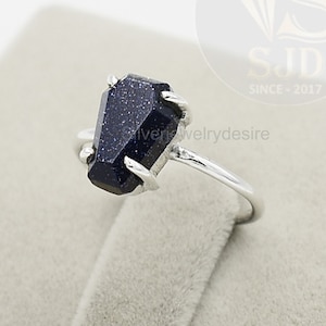 Blue Goldstone Coffin Ring: Handmade 925 Sterling Silver, 7x10mm Gemstone