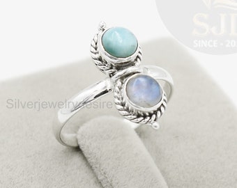 Sterling Silver Moonstone Larimar Ring: Boho Gemstone Ring