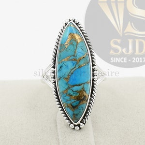 Blue Copper Turquoise Ring: 925 Sterling Silver Marquise Statement Ring