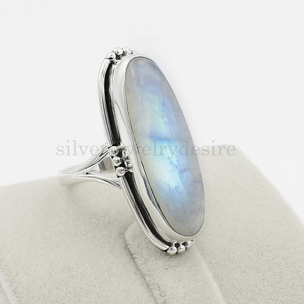 Bague pierre de lune arc-en-ciel, bague en argent sterling, bague ovale pierre de lune 10 x 30 mm, bague en argent, bague pierre de lune, grosse pierre, bagues femme, cadeau