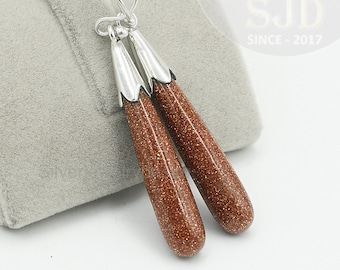 Brown Goldstone Earrings, 925 Sterling Silver, 7x35 mm Long Drops Earrings, Silver Earrings, Goldstone Earrings Silver, Dangle Earrings