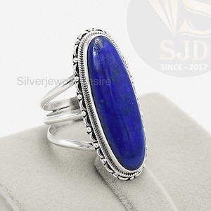 Genuine Lapis Lazuli Ring, 925 Sterling Silver, Lapis 10x30 mm Long Oval Gemstone Ring, Silver Ring, Statement Ring, Lapis Ring, Women Rings