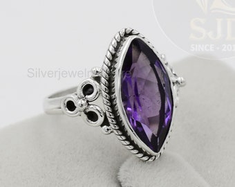 Oxidized Sterling Silver Amethyst Ring: Marquise Gemstone Jewelry