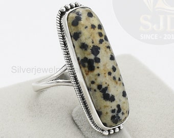 Jasper Ring, 925 Sterling Silver, Dalmation Jasper 10x30 mm Long Cushion Ring, Gemstone Ring, Silver Ring, Beautiful Ring, Womens Ring, Gift