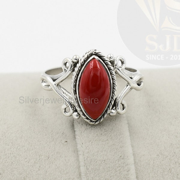 Red Coral Ring, 925 Sterling Silver, 6x12 mm Marquise Gemstone Ring, Coral Ring, Statement Ring, Silver Ring, Womens Ring, Gift For Wife