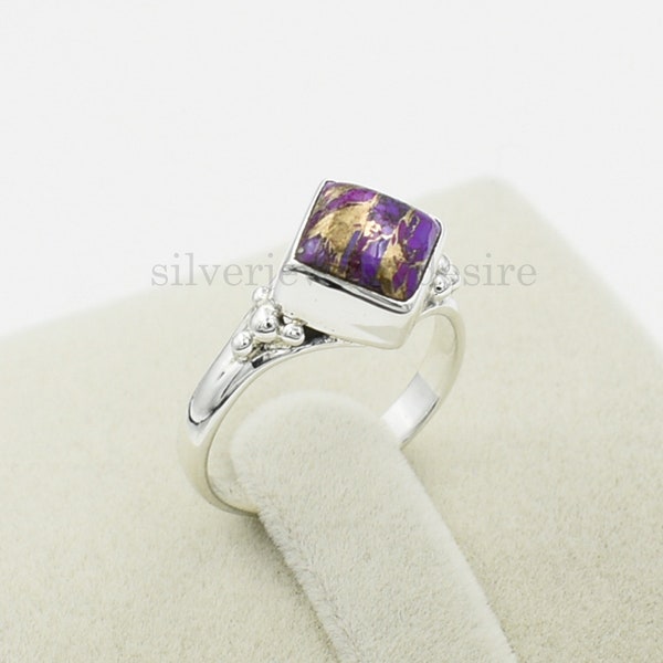 Anello in argento sterling: pietra preziosa quadrata turchese rame viola (8 x 8 mm)