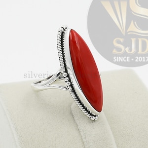 Red Coral Ring, 925 Sterling Silver, 10x30 mm Marquise Ring, Coral Ring, Gemstone Ring, Statement Ring, Silver Ring, Women Ring, Boho Rings