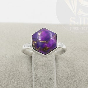 Purple Copper Turquoise Ring, 925 Sterling Silver, 10 mm Hexagon Turquoise Ring, Silver Ring, Statement Ring, Turquoise Ring, Womens Ring