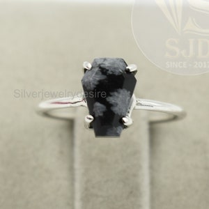 Anello a bara con punte, argento sterling 925, anello a bara in ossidiana fiocco di neve 7 x 10 mm, anello boho, anello a bara minuscolo, anello in ossidiana, anello da donna
