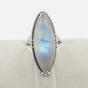 925 Sterling Silver, Rainbow Moonstone 10x30 mm Long Marquise Ring, Silver Ring, Moonstone Ring, Big Stone Ring, Womens Ring, Gift For Her