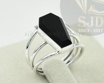 Sterling Silver Coffin Ring: Black Onyx Gemstone, Handmade