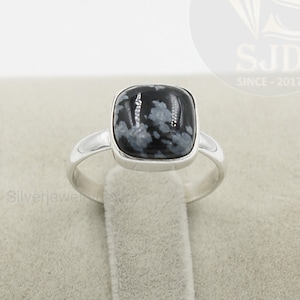 925 Sterling Silver Ring, Snowflake Obsidian 10 mm Cushion Ring, Silver Ring, Obsidian Ring, Boho Ring Silver, Women Ring, Gift For Her