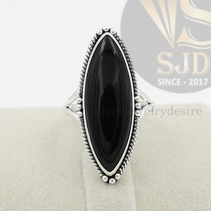 Sterling Silber Schwarzer Onyx Ring: Langer Marquise Edelstein Statement Ring