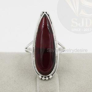 925 Sterling Silver, Garnet Quartz 10x30 mm Long Pear Ring, Statement Ring, Garnet Ring Silver, Garnet Jewelry, Women Rings, Garnet Ring