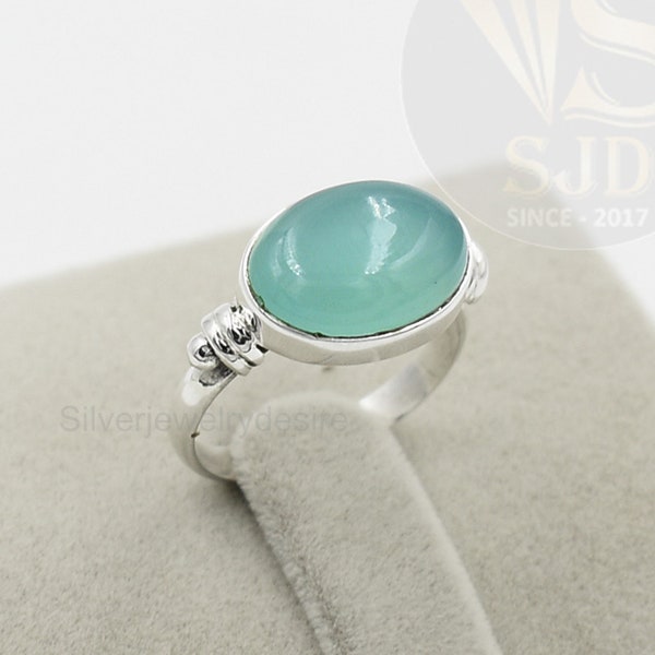 Anillo de calcedonia aqua, anillo de plata de ley, anillo de piedra preciosa ovalada de calcedonia de 10x14 mm, anillo de plata, joyería de calcedonia, anillos para mujeres, anillo