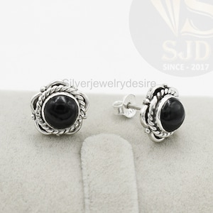 Sterling Silver Black Onyx Stud Earrings: Round Cabochon, 8mm