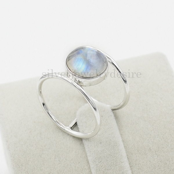 Anillo de piedra lunar arcoíris: Anillo de doble banda de plata de ley, estilo bohemio llamativo.