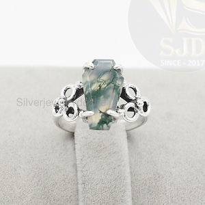 Moss Agate Coffin Ring, Green Moss Agate Prong Ring, 925 Sterling Silver, Moss Agate 8x14 mm Double Step Cut Coffin Ring, Womens Ring, Gift