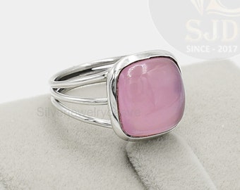 Pink Chalcedony Ring: Sterling Silver Triple Band, Boho Womens Ring