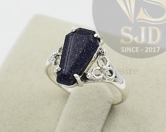 Blue Goldstone Coffin Ring: 925 Sterling Silver Prong Setting