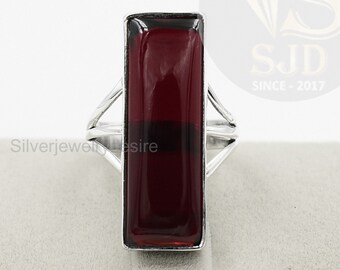 Sterling Silver Garnet Quartz Ring: Long Rectangle Statement Jewelry