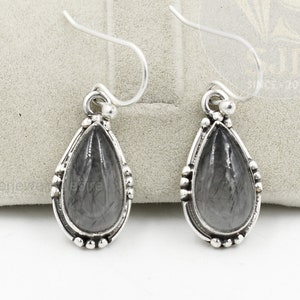 Black Rutilated Quartz Earring, 295 Sterling Silver Earrings, 8x15mm Pear Gemstone Earrings, Silver Earrings, Quartz Earrings, Tiny Earrings