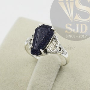 Blue Goldstone Coffin Ring: 925 Sterling Silver Prong Setting