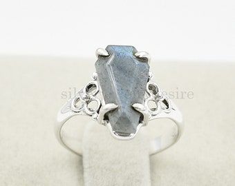 Labradorit Coffin Ring: Sterling Silber Boho Ring (8 x 14 mm)