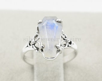 Women Gift Ring. Moonstone Faceted Ring Exclusive Arrive ! Silver Plated Rings Gray Moonstone Coffin Ring Coffin Shape Ring