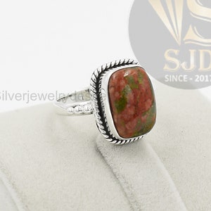 Unakite Jasper Ring: Sterling Silver Cushion Statement Ring