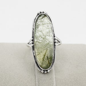 Green Rutilated Quartz Ring, 925 Sterling Silver, Quartz 10x30mm Long Oval Gemstone Ring, Boho Ring, Black Rutile Quartz Ring, Womens Ring