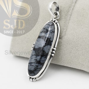 Snowflake Obsidian Pendant, 925 Sterling Silver, 10x30 mm Long Oval Pendant, Obsidian Pendant, Gemstone Pendant, Silver Pendant, Charm Gift