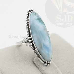 Larimar Ring, 925 Sterling Silver, 10x30 MM Long Marquise Ring, Boho Ring, Women Ring, Big Stone Ring, Wedding Ring, Statement Ring, Larimar