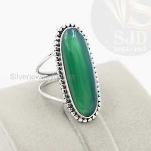 Green Onyx Ring: Long Oval Gemstone, 925 Sterling Silver