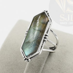 Labradorite Ring, 925 Sterling Silver, Labradorite 10x30 mm Long Hexagon Ring, Silver Ring, Big Stone Ring, Womens Ring, Gift For Her, Rings