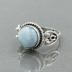 Larimar Ring: Round Cabochon Gemstone, 925 Sterling Silver, Boho Style