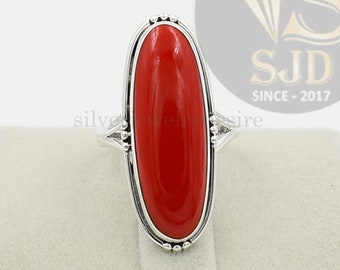 Coral Gemstone Fashion Ring for Women and Young Girls 925 Sterling Silver FINE Designer Ring Statement Ring Handmade Ring Adjustable Ring Size 