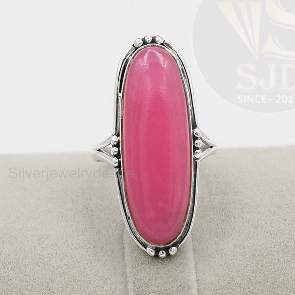 Pink Jade Ring, 925 Sterling Silver, Pink Jade 10x30mm Long Oval Ring, Silver Ring, Jade Gemstone Ring, Boho Ring, Womens Ring, Gift For Her