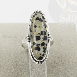 Dalmation Jasper Ring, 925 Sterling Silver, 10x30 mm Long Oval Ring, Silver Ring, Statement Ring, Boho Ring, Jasper Ring, Womens Ring, Gift