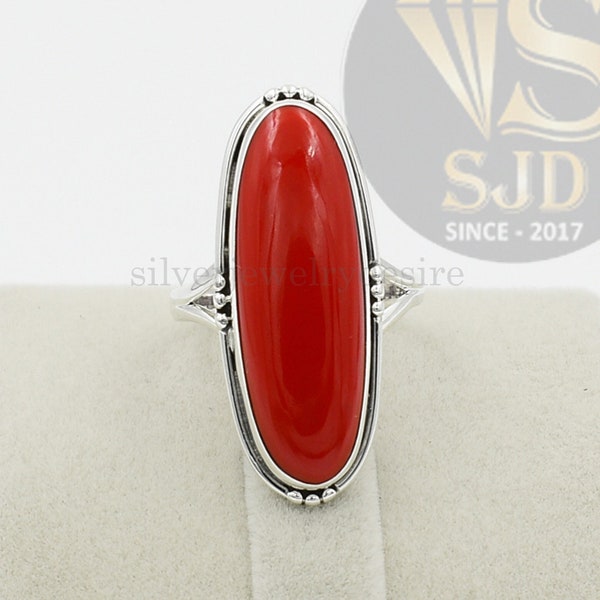 Red Coral Ring, 925 Sterling Silver, 10x30 mm Long Oval Ring, Coral Ring, Gemstone Ring, Statement Ring, Silver Ring, Women Ring, Oval Ring
