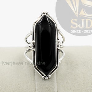 Black Onyx Sterling Silver Ring: Long Hexagon Gemstone Statement Ring