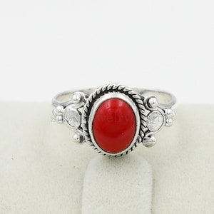 925 Sterling Silver, Red Coral Ring, Coral 7x9 mm Oval Ring, Statement Ring, Red Coral Gemstone Ring, Boho Ring, Birthstone Ring, Coral Ring