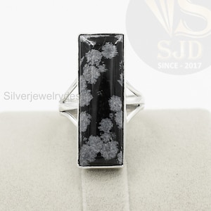 Snowflake Obsidian Ring: Long Rectangle, 925 Sterling Silver, Boho Gemstone