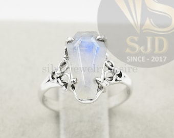 Moonstone Coffin Ring, Moonstone Prong Ring, 925 Sterling Silver, Rainbow Moonstone 8x14 mm Double Step Cut Coffin Ring, Beautiful Ring