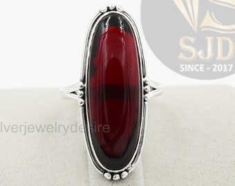 925 Sterling Silver, Garnet Quartz 10x30 mm Long Oval Ring, Statement Ring, Garnet Ring Silver, Garnet Jewelry, Women Rings, Garnet Ring