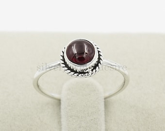 Sterling Silver Garnet Ring: Round Cabochon, Natural Gemstone